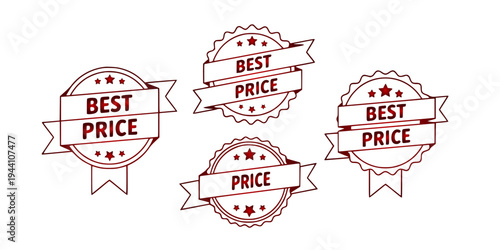 Set of four red circular badges with ribbons proclaiming 'Best Price' in white text, representing a special offer or discount