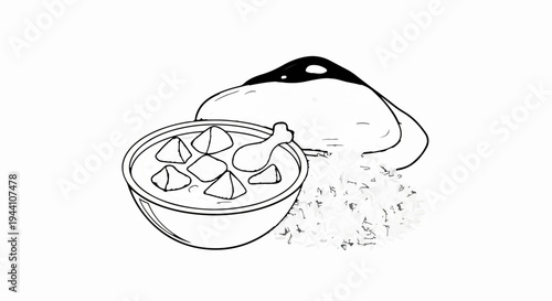 A simple line drawing depicts a bowl of stew with meat and vegetables next to rice