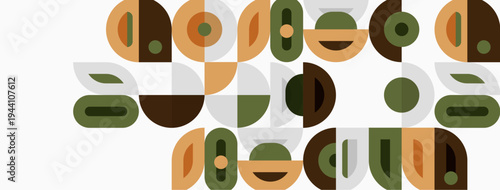 Abstract geometric shapes, muted colors, midcentury modern style. Composition features repeating forms, beige background.