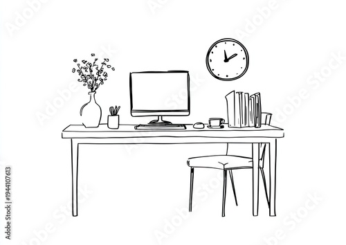 Simple line drawing of an office desk with computer, clock, and chair, minimalist style
