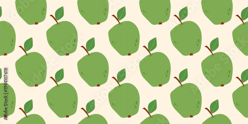 Seamless pattern with green apples. Fresh fruit. Farm season. For textile prints, packaging, kitchen decor and organic food branding