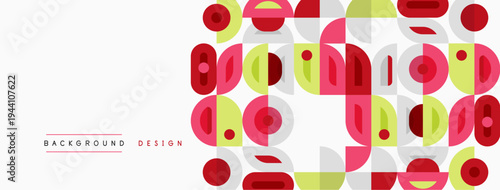 Abstract geometric pattern. Circles, rectangles overlap creating vibrant design. Light background enhances colorful shapes.