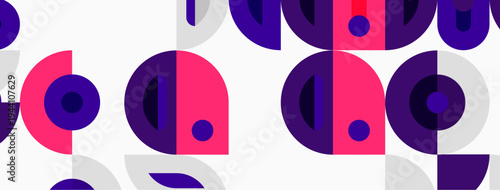 Abstract pattern features overlapping circles, semicircles. Pink, purple hues dominate white background. Modern, geometric design.