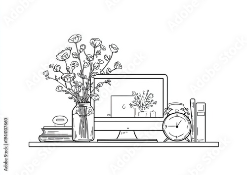 Monochrome desk shelf with monitor, flowers, books, and alarm clock
