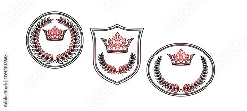 Set of three elegant heraldic emblems featuring majestic crowns and classical laurel wreaths, perfect for branding royal or prestigious concepts for various applications