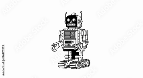 A vintage tin toy robot with a black head and silver body on treads
