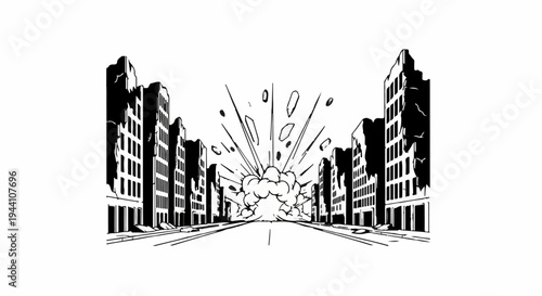 A violent explosion blasts through a desolate urban street, destroying buildings