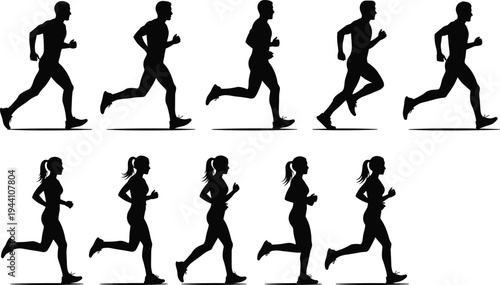 Black Silhouette Set of Male and Female Runners in Motion Sequences Capturing Different Sprinting and Jogging Poses for Athletic Sport Design