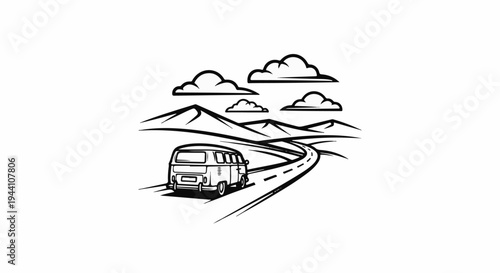 A vintage van drives on a winding road through mountains under clouds