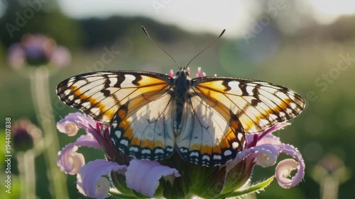 Vibrant butterfly resting on purple wildflower in sunny garden closeup nature wildlife