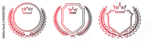 Stylish vector crests showcasing shields, royal crowns, and laurel wreaths with a sleek black and red gradient outline, perfect for award badges, emblems, and sophisticated branding