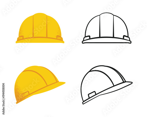 Hard Hat Front View Icon Set. Safety Helmet for Construction Site Worker, Builder, and Industrial Protection.