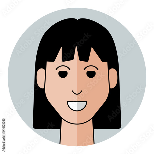 Happy woman avatar portrait icon with joyful female face expression in flat design style. Female character portrait for user profile, social media, and client support icon.