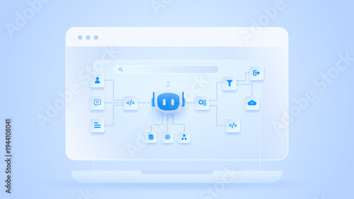 AI workflow automation artificial intelligence. ai agent network diagram dashboard connecting node input, processing flow, data, cloud and automation system.