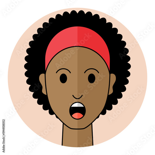 Black woman face avatar with surprised eyes and open mouth in circular frame. Female character portrait for shock emotion, amazement, wow reaction, and vocal assistant icon.