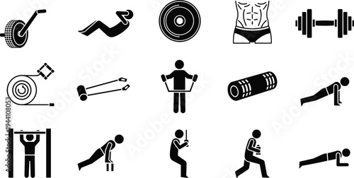 Fitness and Bodybuilding Icon Set for Gym Workout and Strength Training Equipment and Athletic Exercise Silhouette Vector Illustrations for Adobe Stock