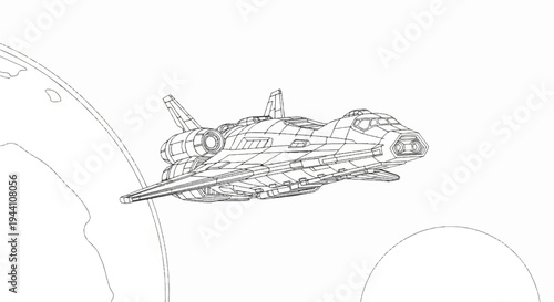 A detailed black and white line drawing of a futuristic spacecraft in orbit