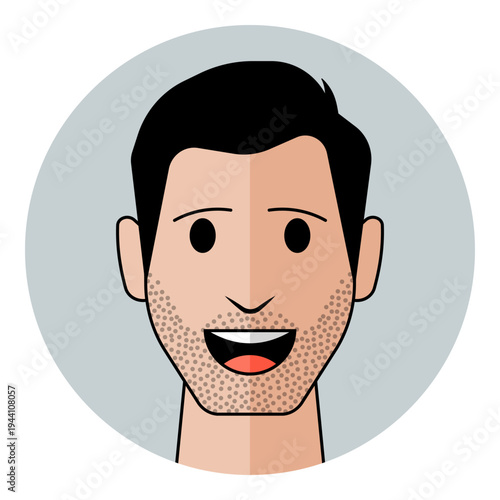 Man face avatar with stubble beard, open mouth and joyful expression in flat style. Male character portrait for talking social media, personal account.