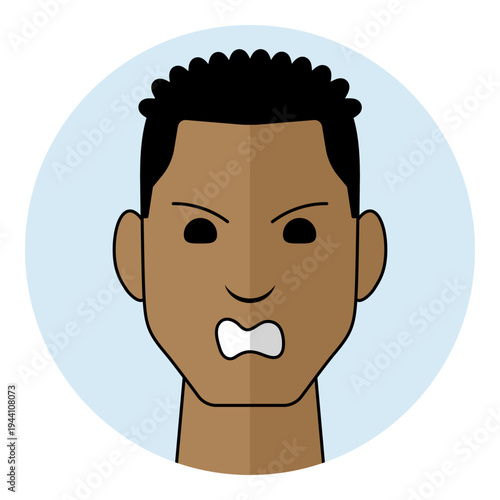 Black man face avatar with furious facial expression and aggressive open mouth showing teeth. Male character portrait for mad emotion, rage, conflict.