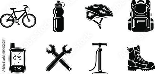 Cycling and mountain biking equipment icon set featuring bicycle, helmet, backpack, GPS, pump, tools, and hiking boots for outdoor adventure.