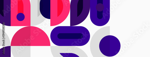 Abstract geometric shapes, vibrant pinks, purples, whites create modern design. Overlapping forms suggest depth, playful composition.