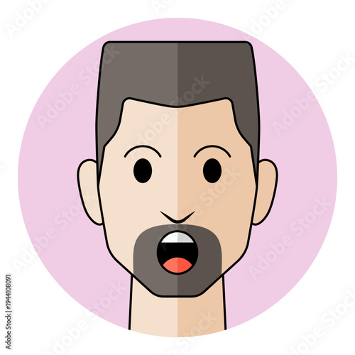 Man face avatar with surprised eyes and open mouth in circular frame. Male character portrait with beard for shock emotion, amazement, wow reaction, and vocal assistant icon.