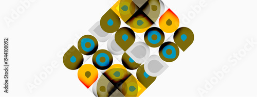 Abstract pattern. Circles overlap, creating geometric design. Colors include gold, teal, olive, brown. Minimalist style, clean background.
