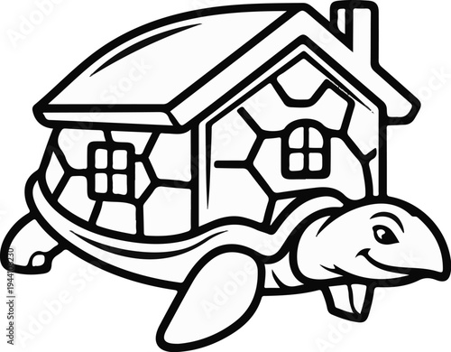 A stylized turtle carries a house on its shell, with windows and a chimney