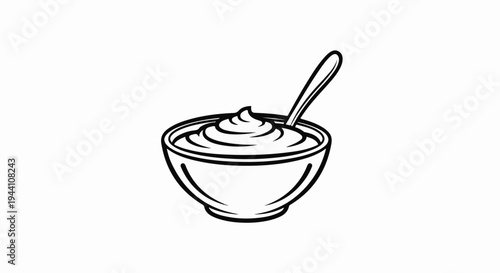 A simple line drawing of a bowl filled with a swirl of cream and a spoon