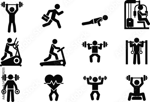 Gym and fitness stick figure icon set featuring weightlifting, running, cardio, and bodybuilding exercises for healthy lifestyle and workout design.