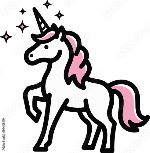 A stylized white unicorn with pink mane and tail stands prancing