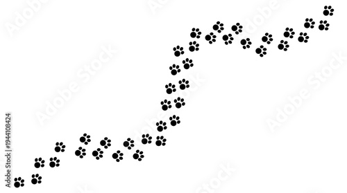 A whimsical trail of paw prints curving across a blank canvas, suggesting playful animal movement