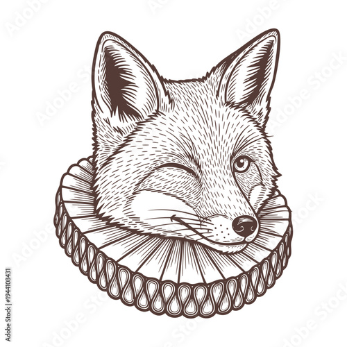 Winking Fox Wearing Ruff Collar Vintage Illustration