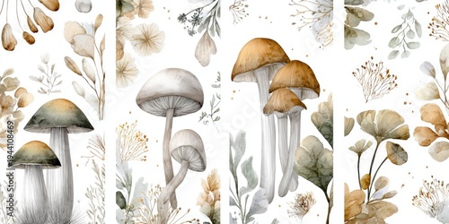 Watercolor botanical illustration featuring mushrooms and foliage in muted earth tones on a white backdrop