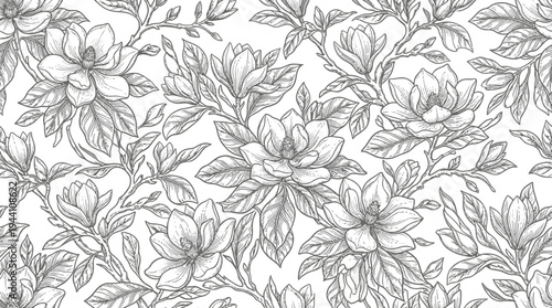Detailed black and white floral pattern featuring magnolia flowers and leaves on a light background