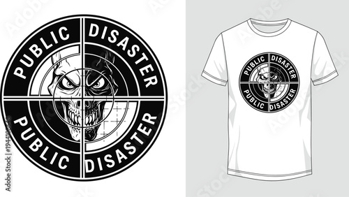 Public Disaster skull emblem illustration, edgy streetwear artwork, hooded skull vector design, bold graphic icon, black white fashion symbol