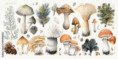 Watercolor painting showcasing a diverse array of mushrooms and foliage against a white backdrop