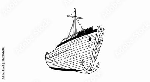 A detailed black and white illustration of a wooden ship with an anchor