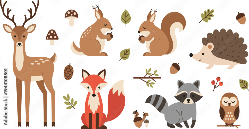 Naklejka premium Cute Woodland Forest Animals Cartoon Vector Set Featuring Deer, Fox, Squirrel, Hedgehog, Raccoon and Owl with Acorns, Leaves and Autumn Nature Elements.