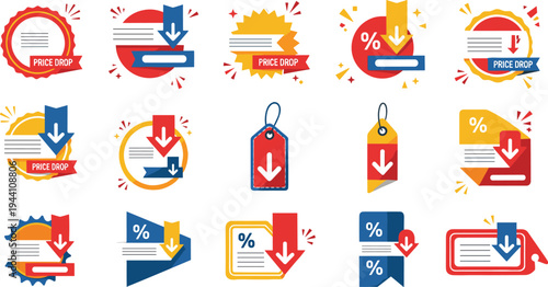 Price drop sale badges discount labels and promotional tags collection with percent symbols and arrow icons for retail marketing vector illustration set
