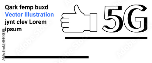 Telecommunications, internet speed, technology upgrade, connectivity, wireless communication, network. Thumbs up symbol with bold text 5G. Telecommunications and internet speed concept