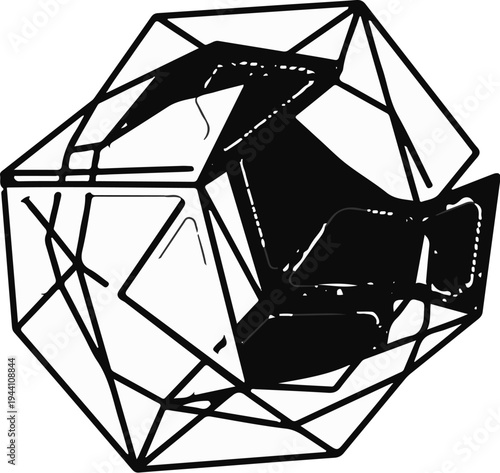 Abstract geometric polyhedron structure with dark shaded internal planes and outlines