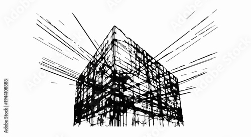 Abstract geometric structure with radiating lines on a white background