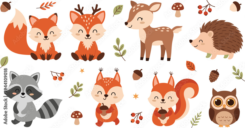 Fototapeta premium Cute Woodland Forest Animals Cartoon Vector Collection Featuring Fox, Deer, Hedgehog, Raccoon, Squirrel and Owl with Autumn Leaves and Nature Elements.