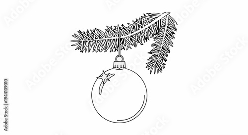 A simple line drawing of a Christmas ornament hanging from a pine branch