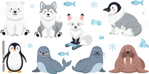 Cute Arctic Animals Cartoon Vector Collection Featuring Polar Bear, Husky, Arctic Fox, Penguin, Seal and Walrus with Snowflakes, Ice and Winter Elements.