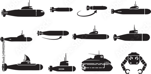Various submarine and torpedo silhouettes showcasing underwater naval vessels and weaponry for defense theme