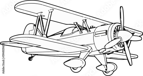 A detailed black and white illustration of a biplane with a prominent propeller and landing gear