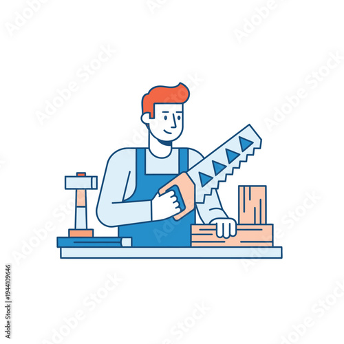 Carpenter man sawing wood with a hand saw.