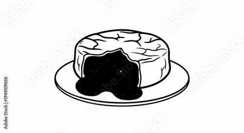 A simple line drawing of a gooey chocolate cake on a plate